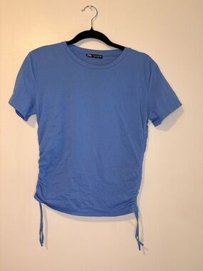 ZARA Blue Ruched Side Drawstring Tee | Size L